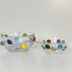 Set of 2 ARC FRANCE Clear Glass Bowls‎ Swirl Wire Colorful Gem Accent